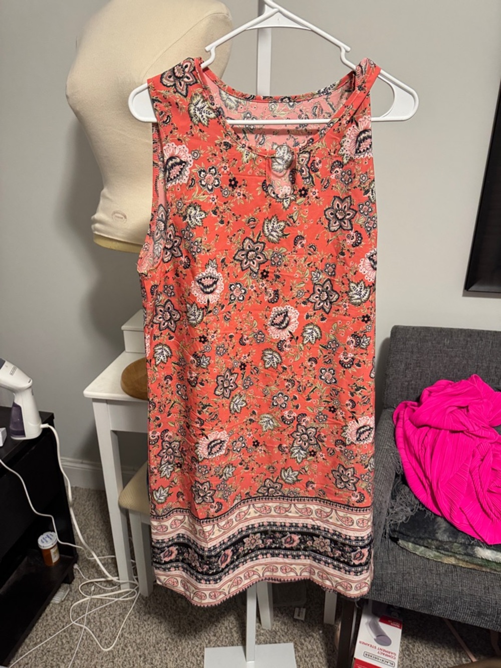 Sleeveless Coral Floral Midi Dress